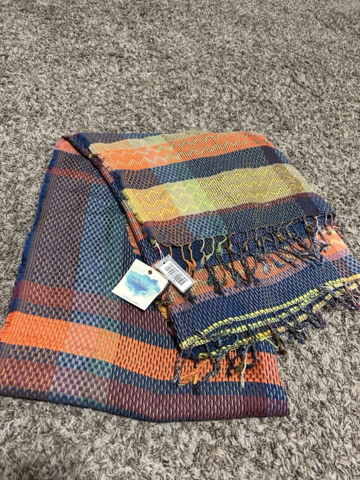 Anthropologie Vismaya Manta Bufanda 140”x80” Azul Y Naranja Cuadros Nuevo Con Etiquetas Foto 1 de 4