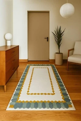 Hand-Tufted Wool Rug: Modern Geometric Cream, Yellow & Blue Area Rug - Image 1 of 4