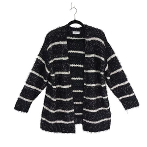 Calvin Klein Cardigan Womens Black & White Fuzzy Striped Open-Front  Sweater - Picture 1 of 9