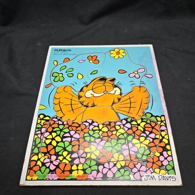 Vintage Garfield Puzzle Hello Flower Garden 9 Pc Tray 1978 Playskool Jim Davis - Image 1 of 4