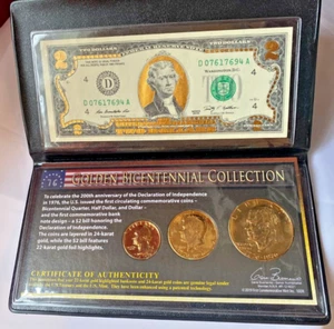 1976 BICENTENNIAL COIN COLLECTION 24K Gold Plated US 3-Coin Set & GOLD $2 BILL. - Picture 1 of 6