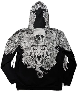 SMOG Totenkopf Tiger Drachenflügel Affliction Stil Grafik Hoodie - Herren XL - Bild 1 von 23