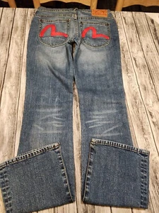 EVISU Womens Jeans 28 x 32 Vintage Y2K Graphic Logo SELVEDGE Denim Medium Wash - Picture 1 of 9