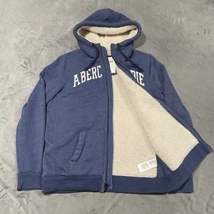 Abercrombie & Fitch Jacket Mens Large Blue Sherpa Lined Hoodie Spellout Y2K - Picture 1 of 8