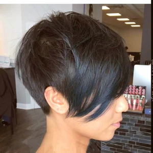 Black Pixie Cut Wig Fashion Pixie Haircut Human Hair Wigs with Long Side Bangs  - Picture 1 of 8