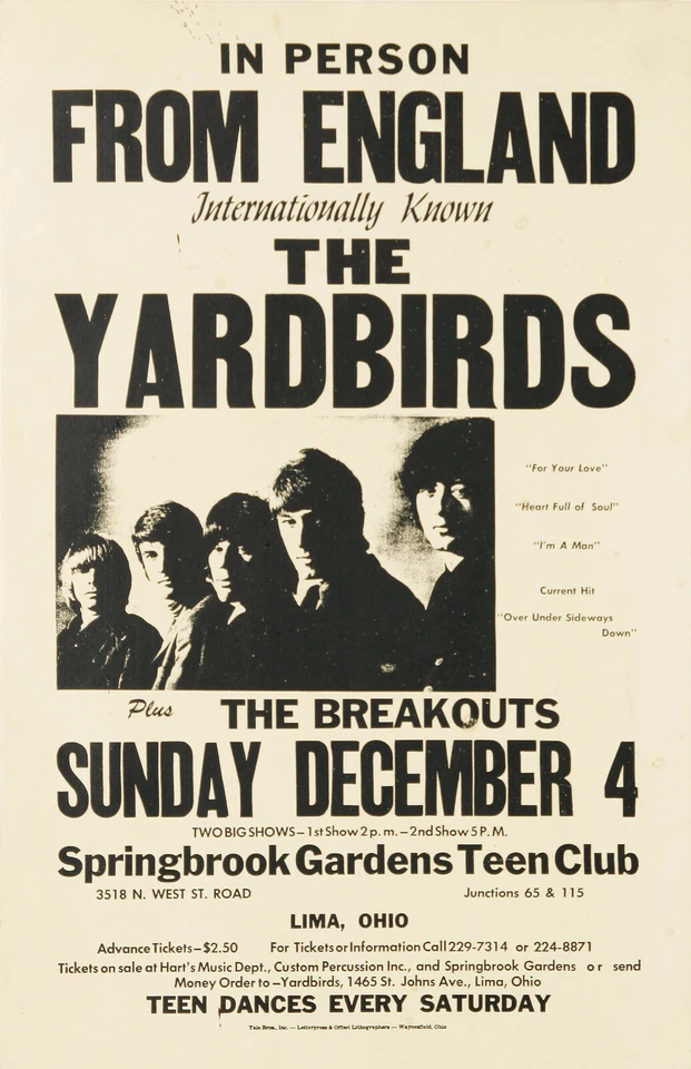1966 The Yardbirds Lima, Ohio Concert Poster Replica 13 x 19" Photo Print