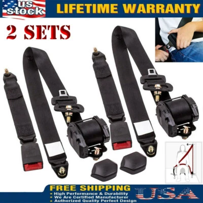 2x Retractable 3 Point Safety Seat Belt Straps Car Vehicle Adjustable Belt Kit - Image 1 of 4