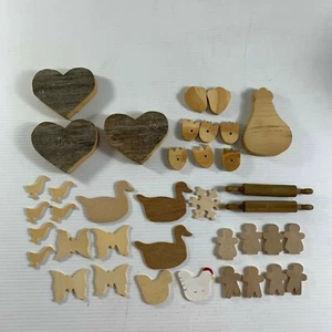Mixed Lot 37 Piece Wood Craft Pieces Hearts Ducks Chickens Rolling Pins  - Picture 1 of 7