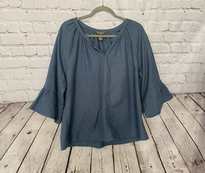 Brit&Bridle Womens Large Blue Pullover Peplum Bell Sleeve Top Blouse LKNW - Picture 1 of 7