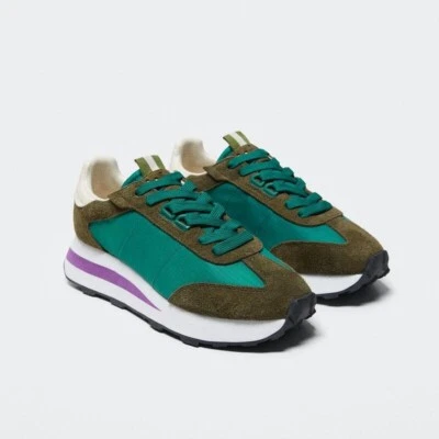 NUEVO CON ETIQUETAS Mango Maxi Suela Plataforma Cuero Apliques Tenis EE. UU. Talla 9.5 Verde Caqui Foto 1 de 4