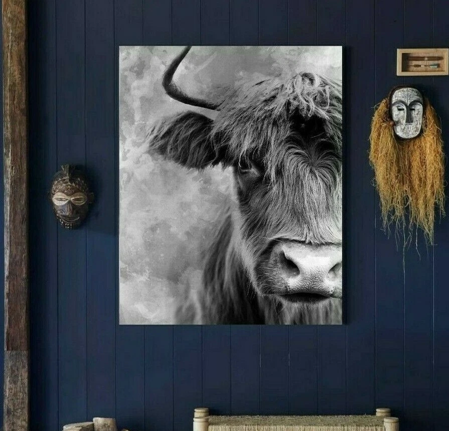 XXL LEINWAND BILD BIS 130x100x5 STIER KUH BULLE SCHWARZ WEISS ABSTRAKT MODERN  - Bild 1 von 4