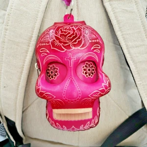Sugar Skull Leather Wristlet Wallet Handmade Day of the Dead Coin Purse Keychain - Picture 1 of 15