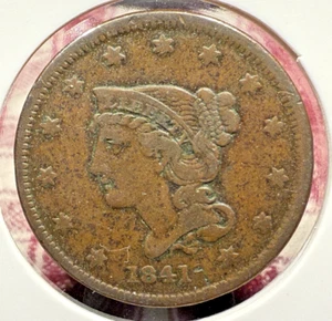 1841 P Braided Hair Liberty Large Cent 1¢ Attached Lamination Error VF-XF SP4403 - Picture 1 of 3