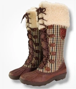 Stivali in pelle shearling con lacci UGG Australia Edmonton usati in ottime condizioni taglia 7 plaid marroni - Foto 1 di 10