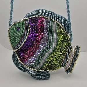 Cartera de cóctel colorida vintage con cuentas de lentejuelas de pescado forrada de satén pequeña divertida - Imagen 1 de 7