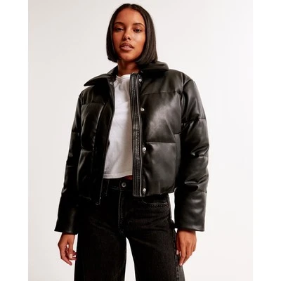 Abercrombie & Fitch XS Vegan Leather Short Puffer Jacket Black - Image 1 of 4