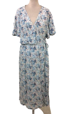 Per Una Women's Dress Size 16 White Blue Pink Mix Floral Wrap Puff Sleeve New F1 — 第 1/4 张图片