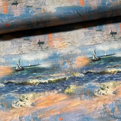 Stoff Meterware Baumwollstoff Patchwork Segelboote Sonnenuntergang Monet-Stil - Bild 1 von 4