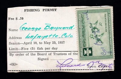 US RW4 $1 Duck Hunting Used on 1937 Fishing Permit from Lafayette, Co. SCV $70 - Image 1 of 2