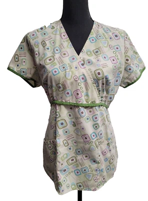 SB Scrub Top (S) Multicolor Geometric Waist Tie Pockets V-Neck - Image 1 of 4