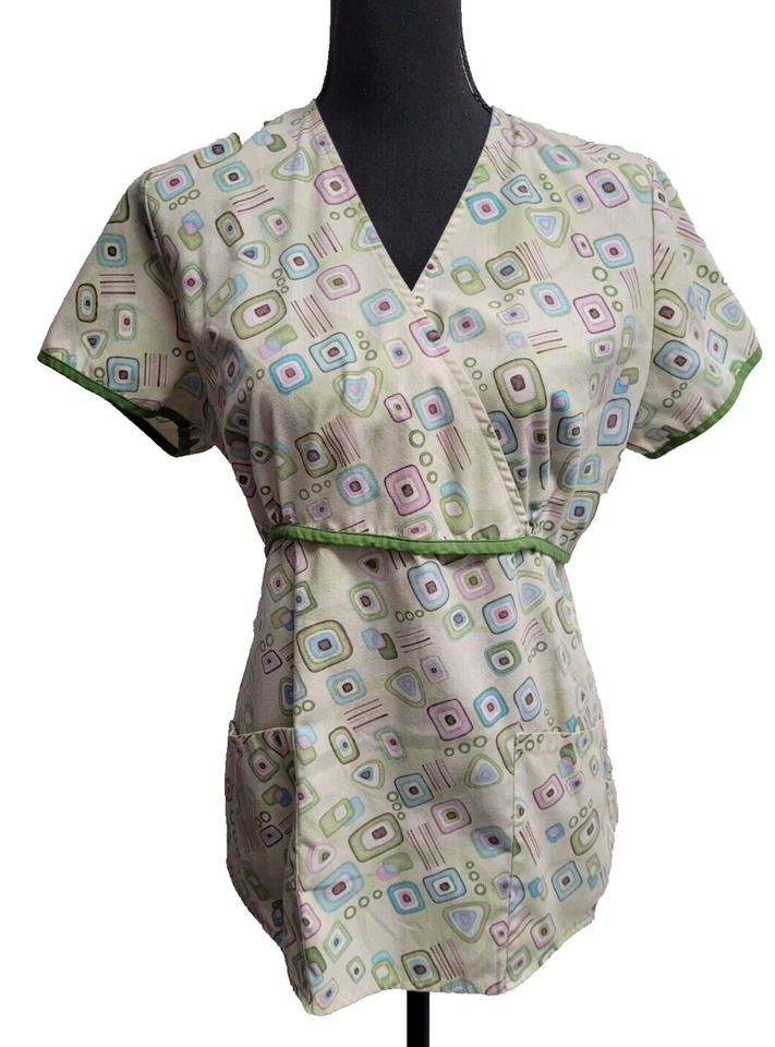 SB Scrub Top (S) Multicolor Geometric Waist Tie Pockets V-Neck - Image 1 of 4