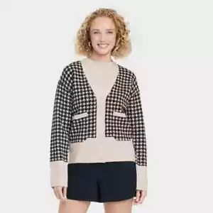 A New Day Women's Size XL Cozy Knit Everyday Cardigan Taupe Houndstooth - Picture 1 of 3