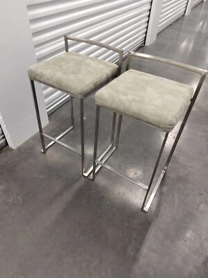 Fuji  Counter Stool in Stainless Steel with Stone Cowboy Fabric Cushion Set Of 2 - Image 1 of 4