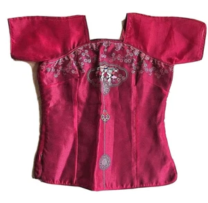 MINH HANH Red Embroidered Viet Nam Designer Top Unique Asian Ethnic Art Piece S - Picture 1 of 10