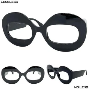 Oversized Retro Large Thick Round Black Lensless Eye Glasses Frame Only NO Lens - Picture 1 of 6