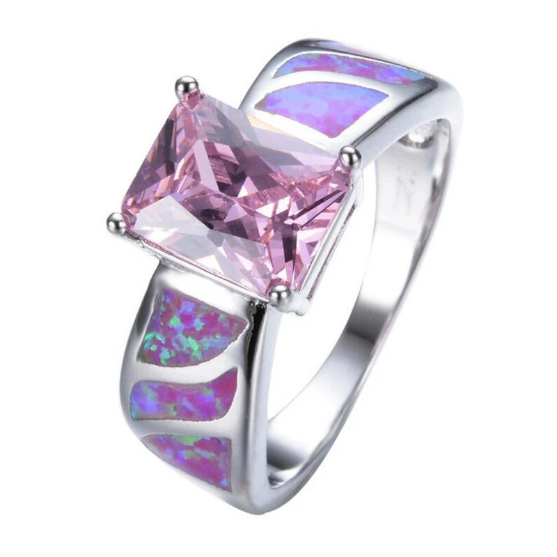 Woman Square Cut Pink Fire Opal Kunzite Gemstone Platinum Plated Ring Size 6-10 - Image 1 of 4