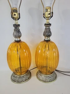 Vtg MCM Ribbed Amber Glass Table Lamp Set Of 2 Leviton Hollywood Regency Retro - Picture 1 of 15