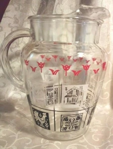 Vintage Anchor Hocking Glass Pitcher Ice Lip Amish Butter print RedTulips  - Picture 1 of 3