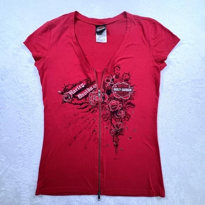 Camisa Harley-Davidson Mujer Grande Roja Cuello en V Cremallera Gráfico Estampado Rosa Algodón Foto 1 de 4