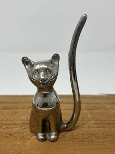 Chrome Silver Cat Ring Holder With Rhinestone Eyes Long Tail 4" VTG - Picture 1 of 12
