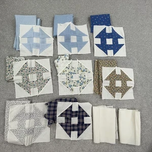 Vtg Quilt Blocks Plus Matching Fabric Blue Monkey Wrench Square Checkerboard - Picture 1 of 13