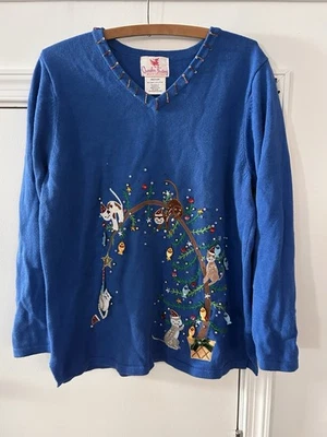 Vintage Quacker Factory embroidered beaded dangling Med cat Christmas sweater - Image 1 of 4