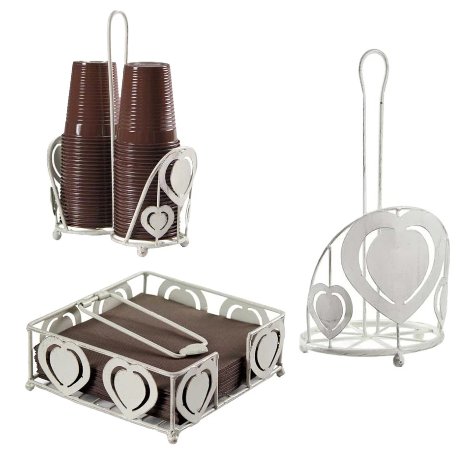 SET DA CUCINA IN METALLO STILE SHABBY CHIC DESIGN CUORE IN COLORE BIANCO - Immagine 1 di 2