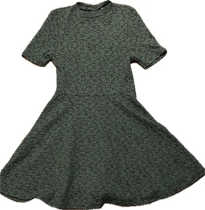 Vintage Topshop Green Damask Floral Dress Skater Skirt High Mock Neck UK 10 Twee - Picture 1 of 4