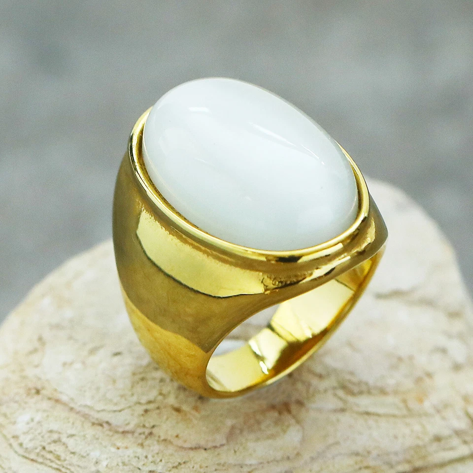 白色蛋白石复古婚礼珠宝戒指不锈钢男士女士戒指金色 — 第 1/1 张图片
