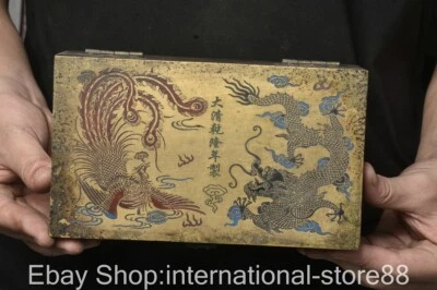 7.6" Marked Old Chinese Bronze Dynasty Palace Dragon Phoenix Flower Box - Image 1 of 4