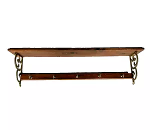 Vintage Wooden Plate Groove Wall Shelf With Wrought Iron Ornate Support Brackets - Picture 1 of 3