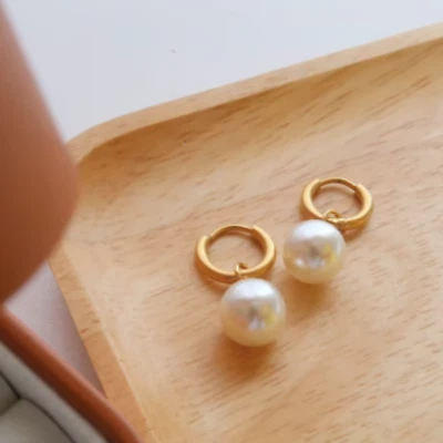 Gold Round Shell Pearl Drop Huggie Earrings for Women | Waterproof - Image 1 of 4