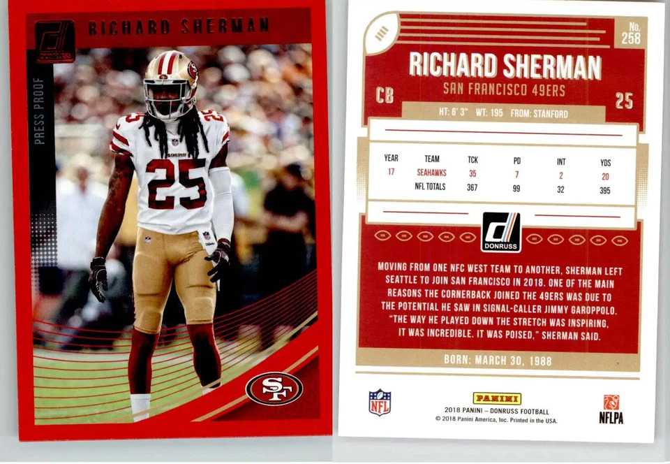 Richard Sherman 2018 Donruss Press Proof Red #258 49ers - Image 1 of 1