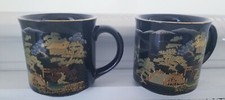 2 Vintage Otagiri Japan Black & Gold Mugs With Oriental Japanese Design