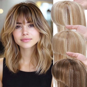 Clip In Topper 100% Remy Human Hair Toupee Hairpiece Bangs Middle Parting Wiglet - Picture 1 of 36