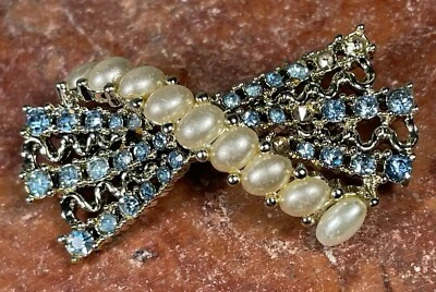 Vintage 1”x 2” Cocktail Faux Pearl & Lt. Blue Rhinestone Bow Shaped Brooch Pin - Image 1 of 4