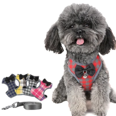 Cute Bow Bells Pet Dog Harness and Leash Set Plaid Puppy Cat Safety Chest Vest - Image 1 of 4