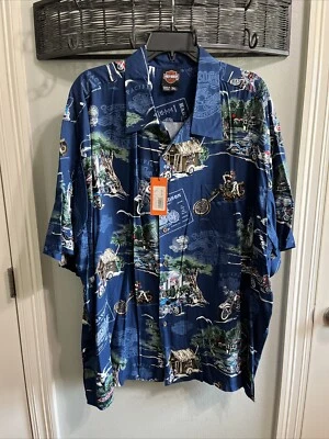 Camisa Harley Davidson Hombres Tori Richard Hawaiian Motocicleta 3XL Aloha Escénica Azul Marino Foto 1 de 4