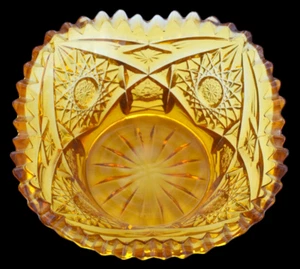 Vintage Amber Brilliant Cut Glass Bowl/Candy Dish Sawtooth Rim Deeply Cut Thick - Picture 1 of 9