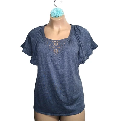 Blusa camponesa feminina Max Studio 1X azul crochê renda casa de campo casual babado romântico - Imagem 1 de 4